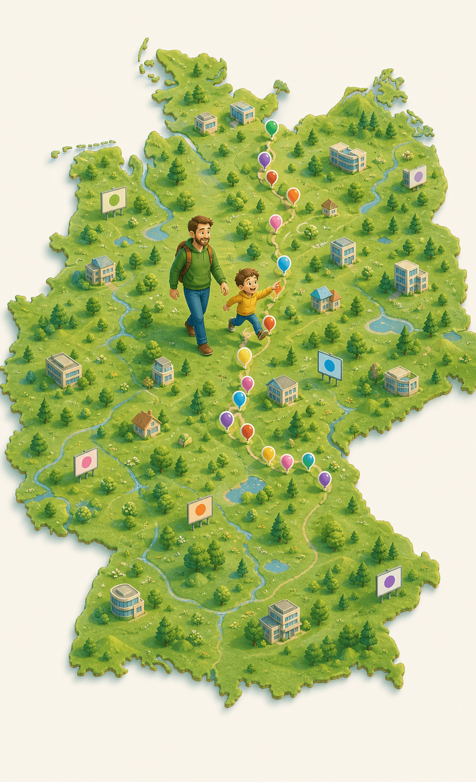 Ein Vater und sein Sohn überqueren spielerisch das Grüne Band, dessen Verlauf bunte Wahlfarben-Ballons durch Deutschland markieren