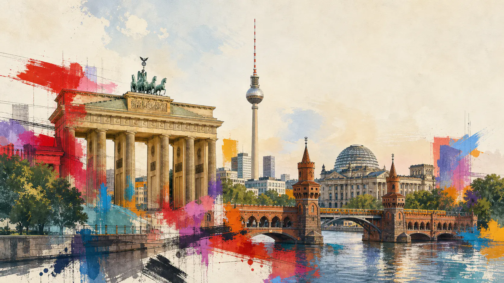 Illustration bekannter Orte in Berlin: Brandenburger Tor, Fernsehturm und Oberbaumbrücke
