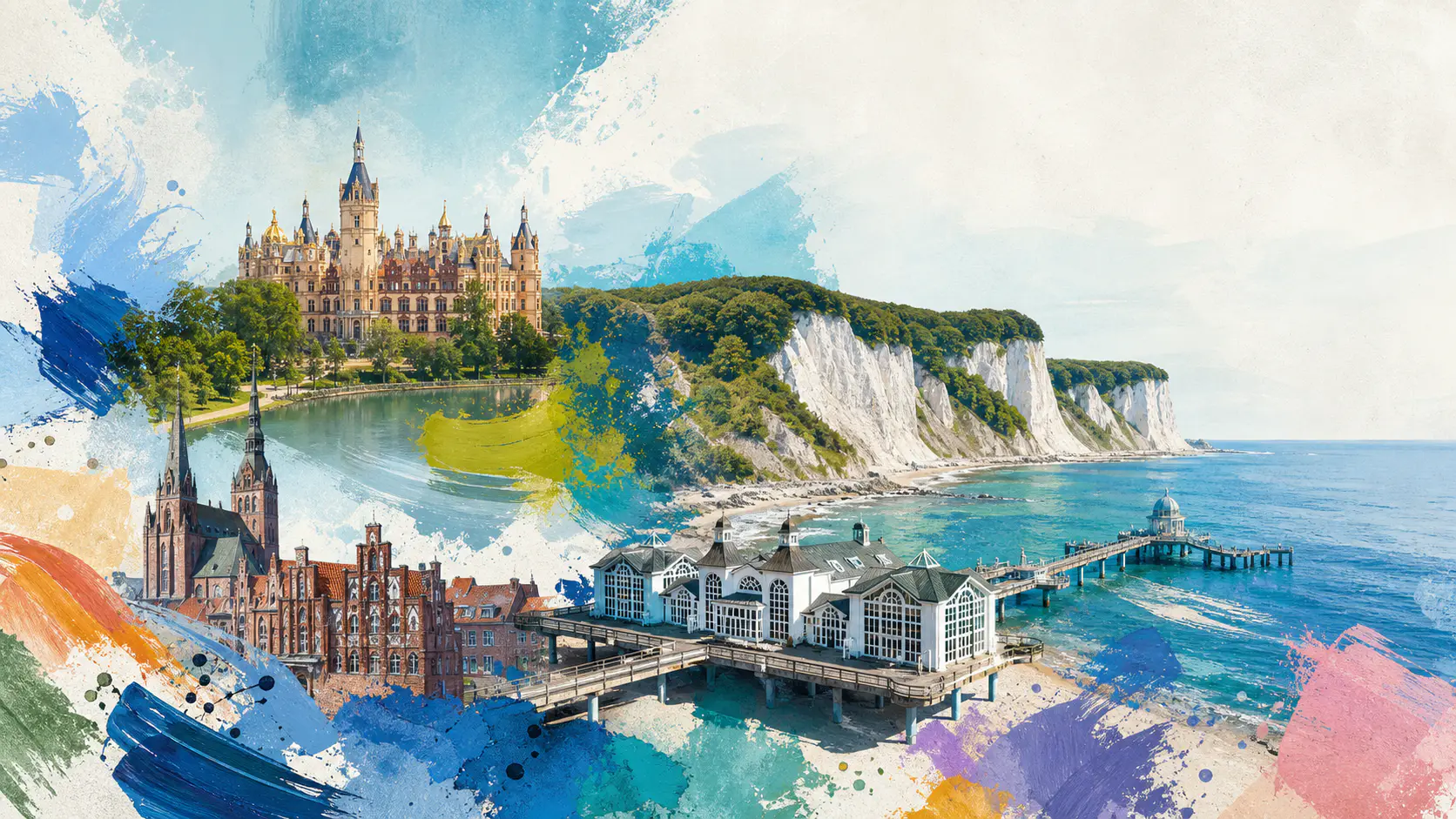 Illustration bekannter Orte in Mecklenburg-Vorpommern: Schweriner Schloss, die Kreideküste auf Rügen und die Seebrücke von Sellin