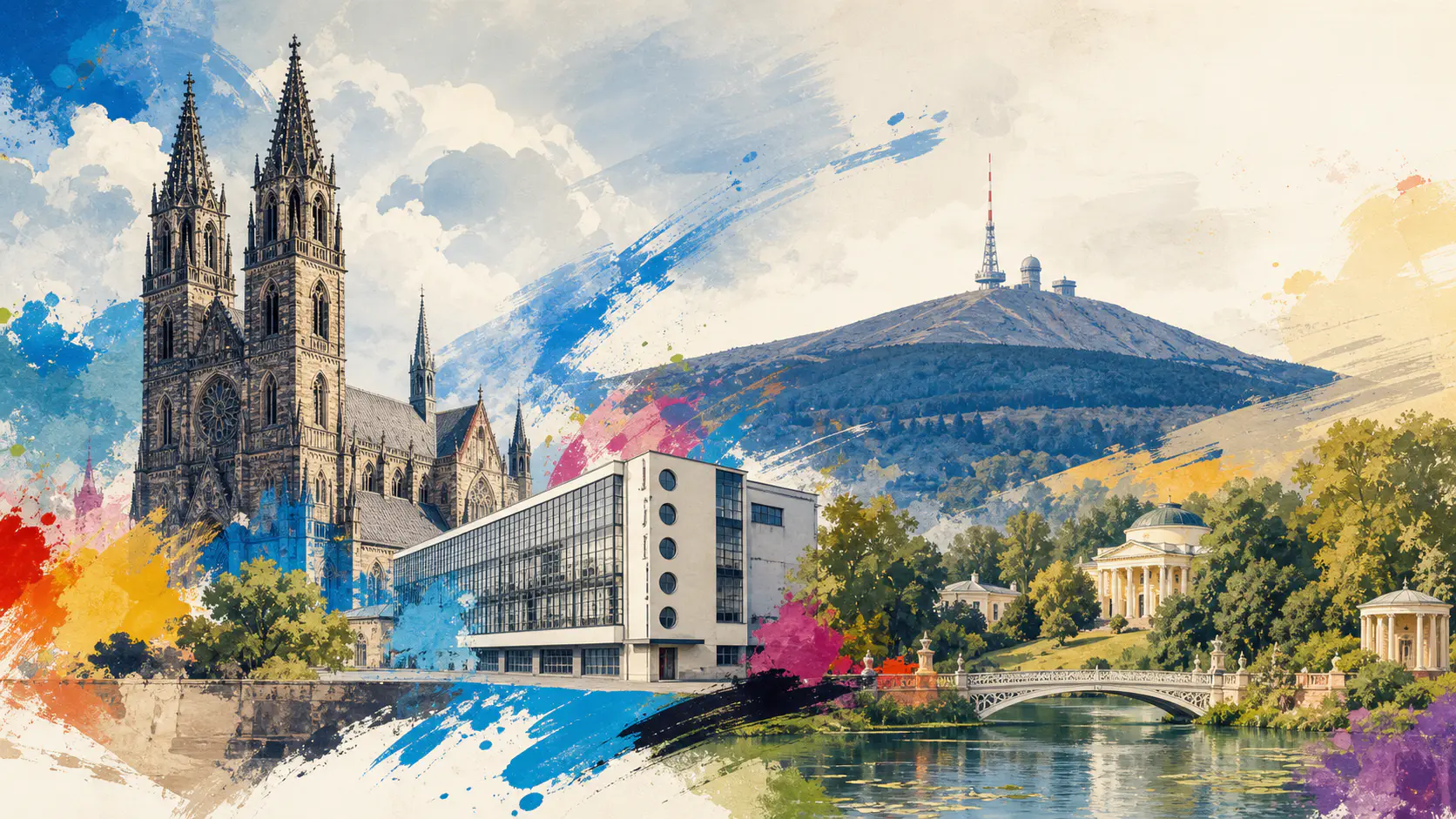 Illustration bekannter Orte in Sachsen-Anhalt: Magdeburger Dom, Bauhaus Dessau und der Wörlitzer Park